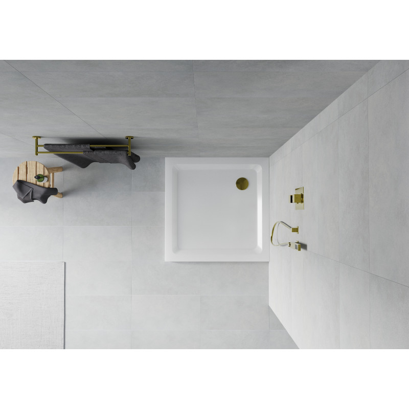 Mexen Flat slim square shower tray 80 x 80 cm, white, gold drain - 40108080G