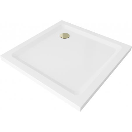 Mexen Flat square slim shower tray 70 x 70 cm, white, gold siphon - 40107070G