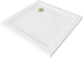 Mexen Flat square slim shower tray 70 x 70 cm, white, gold siphon - 40107070G