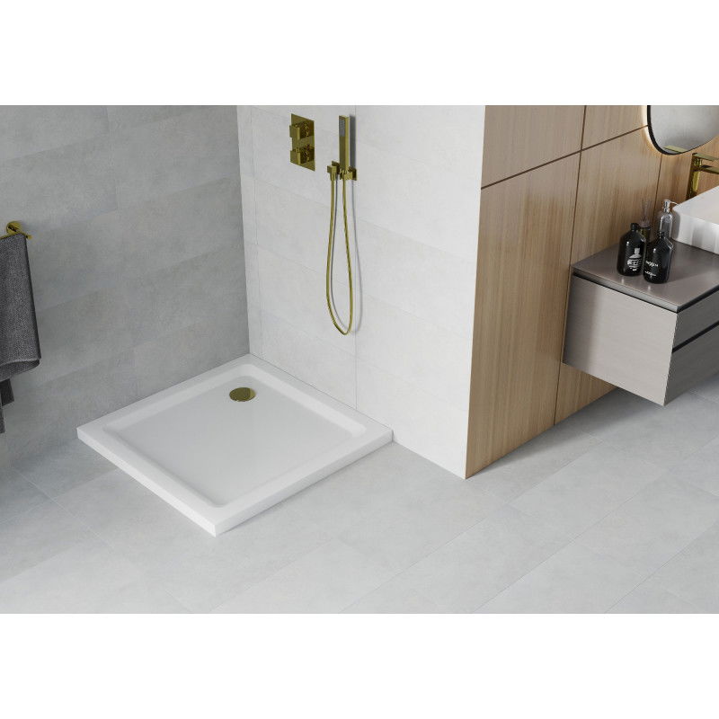 Mexen Flat square shower tray slim 70 x 70 cm, white, golden siphon - 40107070G