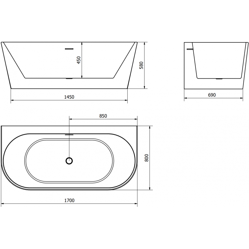Mexen Oval+ free-standing wall-mounted bathtub 170 x 80 cm, white, brushed nickel overflow - 52681708000-97