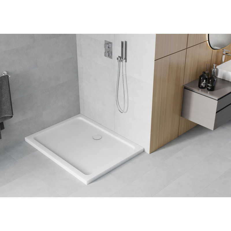 Mexen Flat rectangular slim shower tray 140 x 80 cm, white, chrome siphon - 40108014