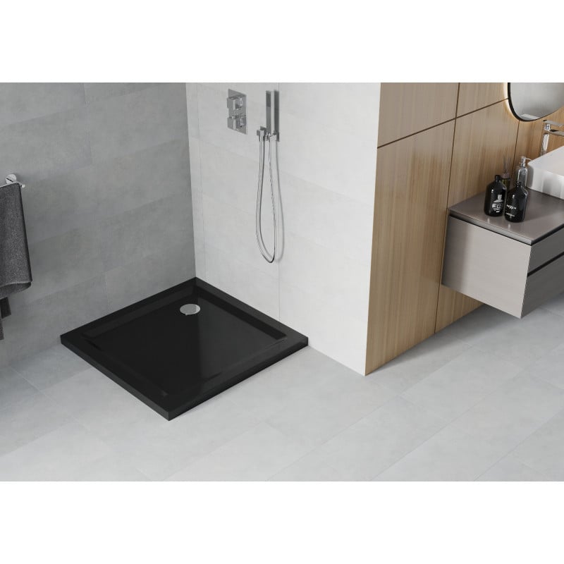 Mexen Flat slim square shower tray 90 x 90 cm, black, chrome siphon - 40709090