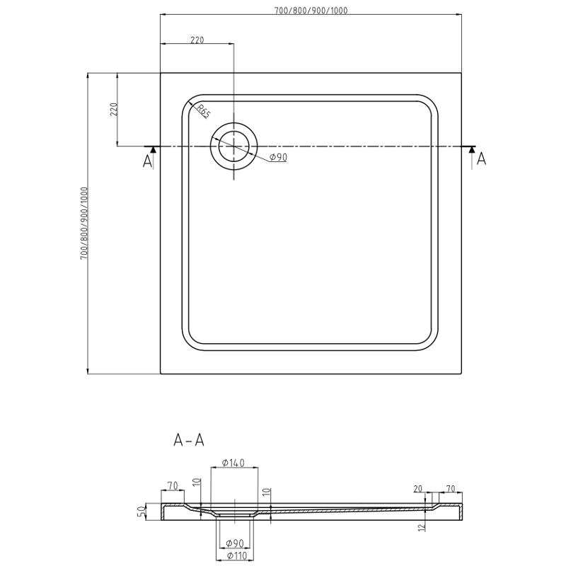 Mexen Flat slim square shower tray 90 x 90 cm, black, chrome siphon - 40709090