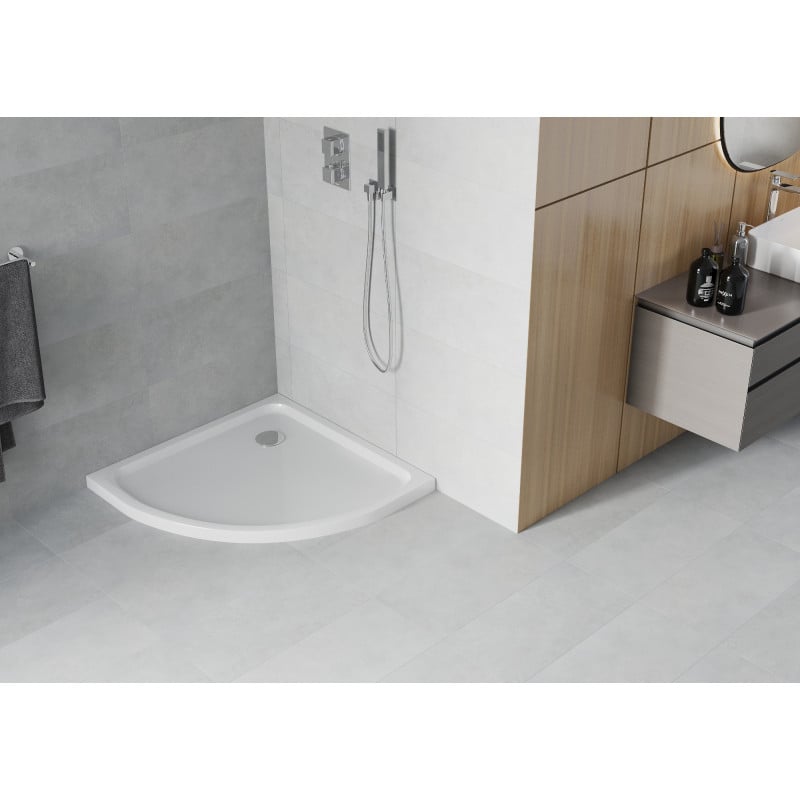 Mexen Flat semi-circular slim shower tray 80 x 80 cm, white, chrome siphon - 41108080