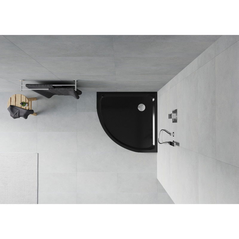 Mexen Flat semi-circular slim shower tray 90 x 90 cm, black, chrome siphon - 41709090