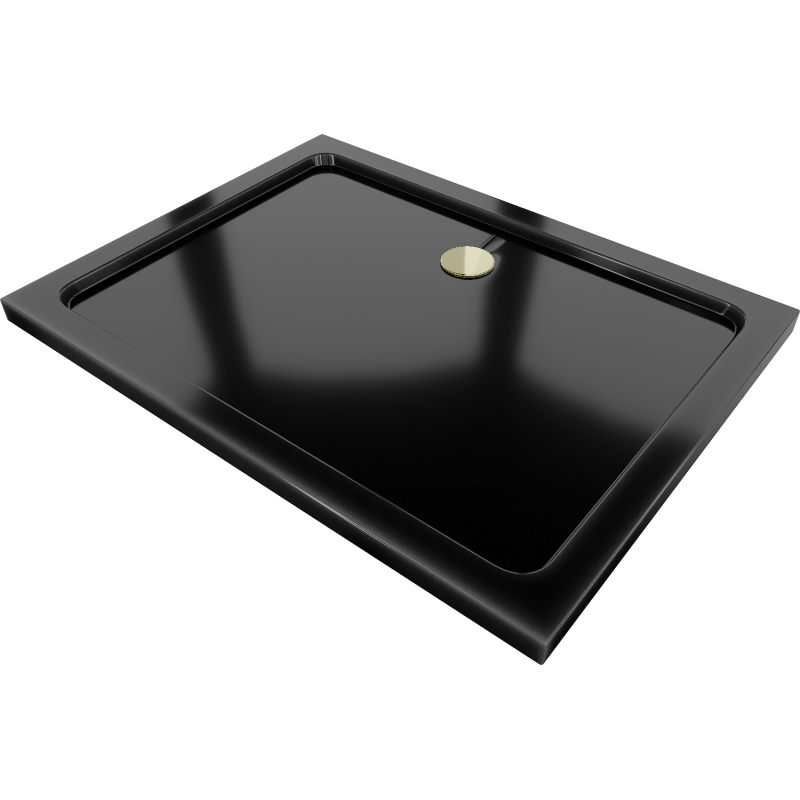 Mexen Flat rectangular slim shower tray 120 x 80 cm, black, golden siphon - 40708012G