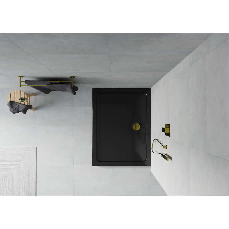 Mexen Flat rectangular slim shower tray 120 x 80 cm, black, golden siphon - 40708012G