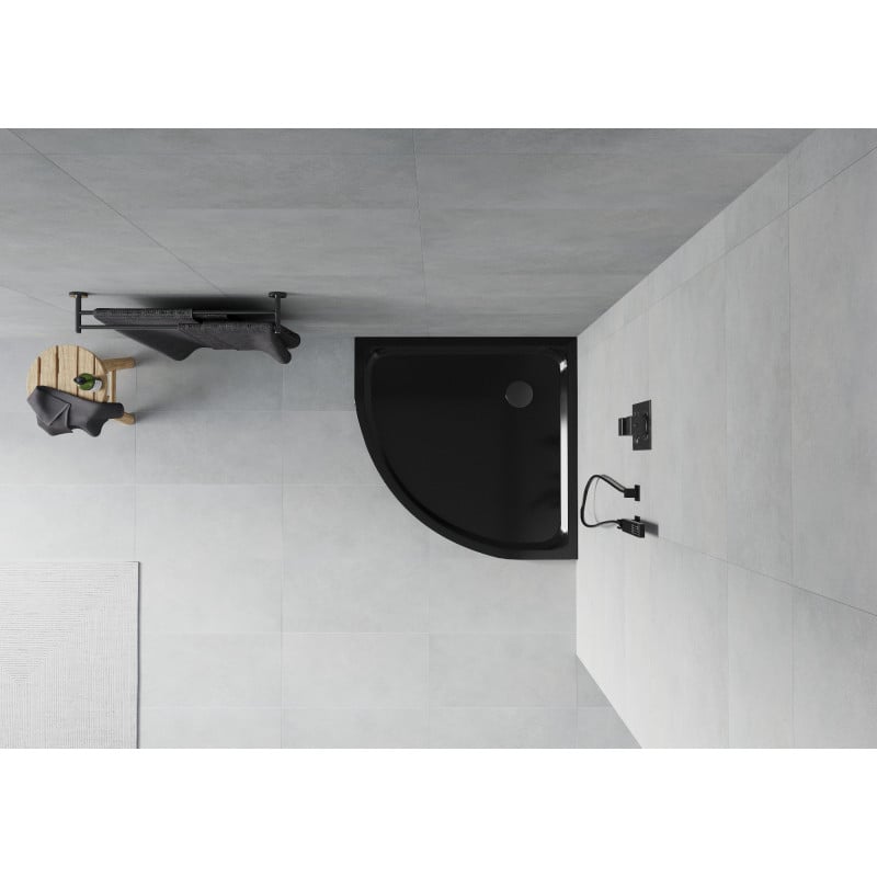 Mexen Flat semi-circular slim shower tray 80 x 80 cm, black, black siphon - 41708080B
