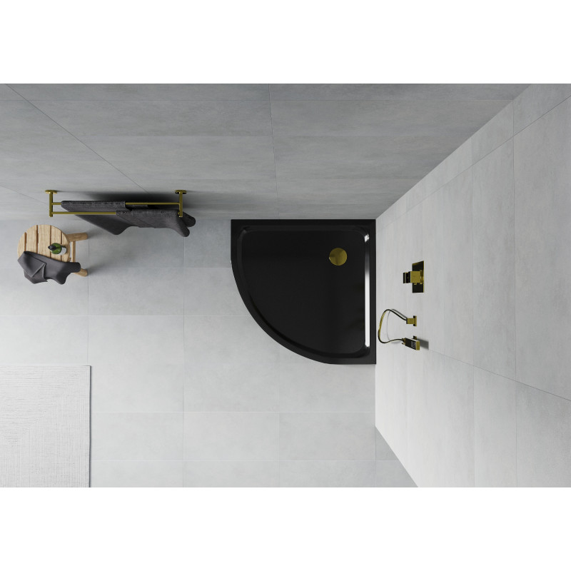 Mexen Flat half-round slim shower tray 80 x 80 cm, black, gold siphon - 41708080G