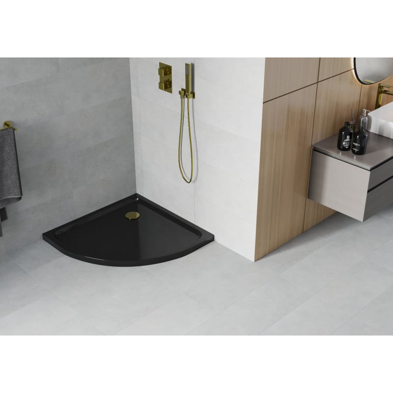 Mexen Flat semicircular slim shower tray 70 x 70 cm, black, gold siphon - 41707070G