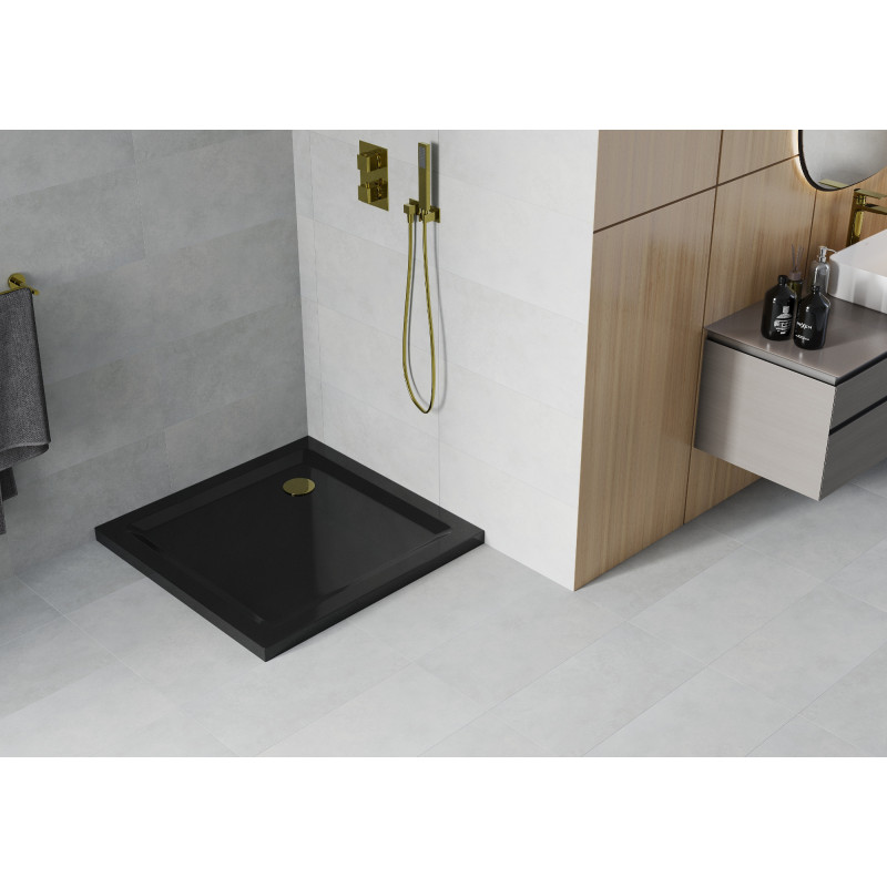 Mexen Flat slim square shower tray 90 x 90 cm, black, gold siphon - 40709090G