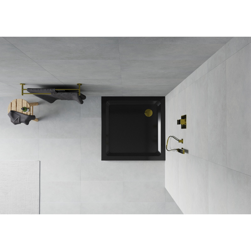 Mexen Flat slim square shower tray 90 x 90 cm, black, gold siphon - 40709090G