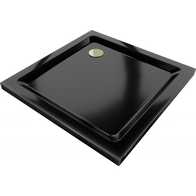 Mexen Flat square shower tray slim 80 x 80 cm, black, gold siphon - 40708080G