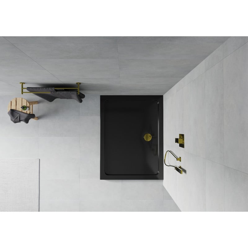 Mexen Flat slim rectangular shower tray 100 x 90 cm, black, gold siphon - 40709010G