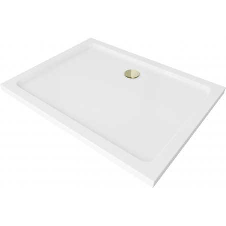 Mexen Flat rectangular slim shower tray 90 x 70 cm, white, gold drain - 40107090G