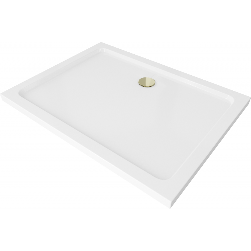Mexen Flat slim rectangular shower tray 80 x 70 cm, White, Gold siphon - 40107080G