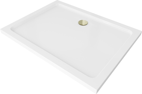 Mexen Flat slim rectangular shower tray 80 x 70 cm, White, Gold siphon - 40107080G