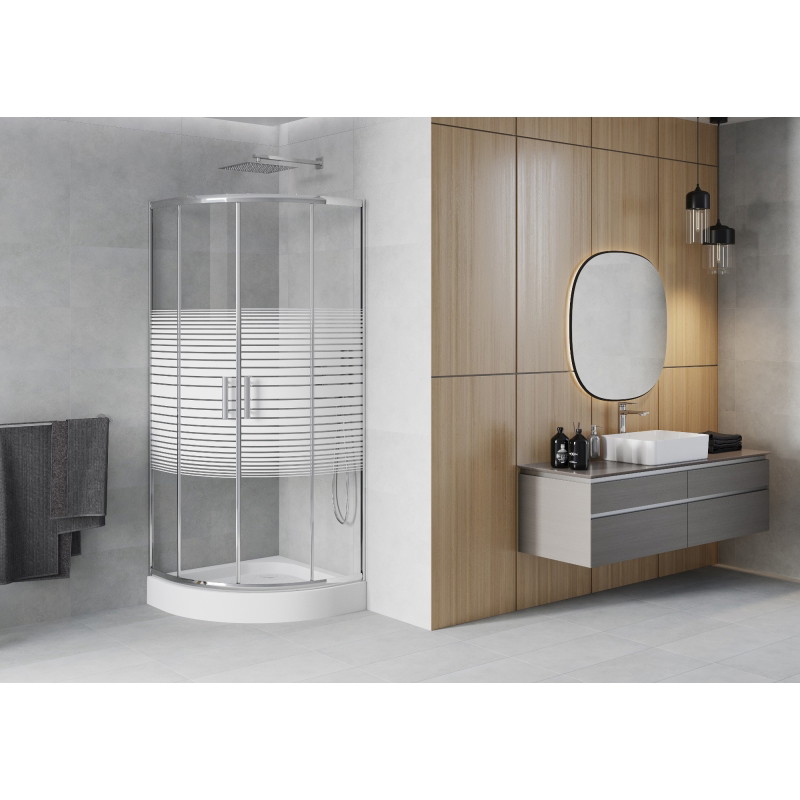 Mexen Rio semi-circular shower cabin 70 x 70 cm, white stripes, chrome + shower tray, white - 863-070-070-01-20-4710