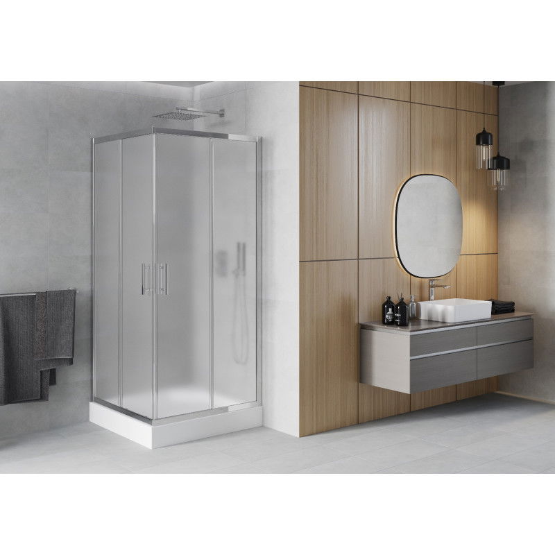 Mexen Rio Square Shower Enclosure 90 x 90 cm, Frosted, Chrome + Rio Shower Tray, White - 860-090-090-01-30-4510