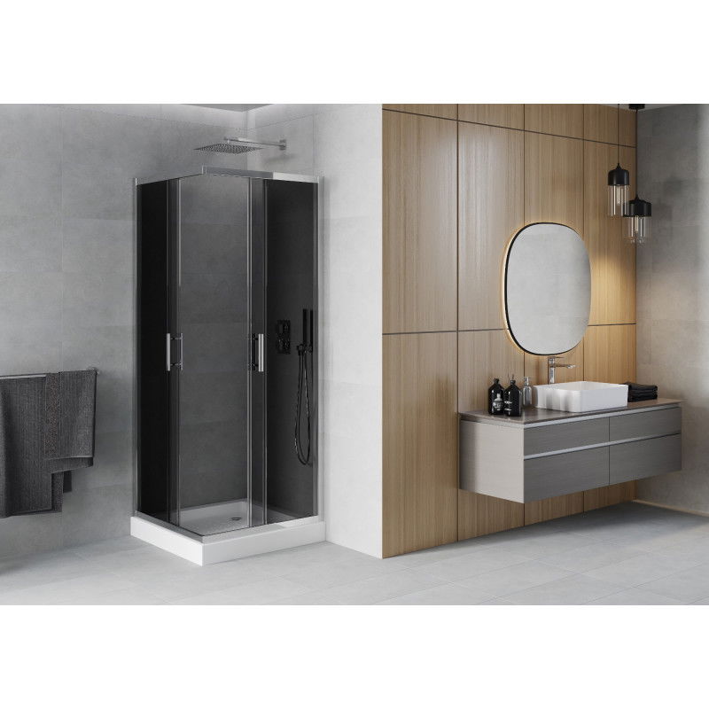 Mexen Rio square shower enclosure 80 x 80 cm, graphite, chrome + Rio shower tray, white - 860-080-080-01-40-4510