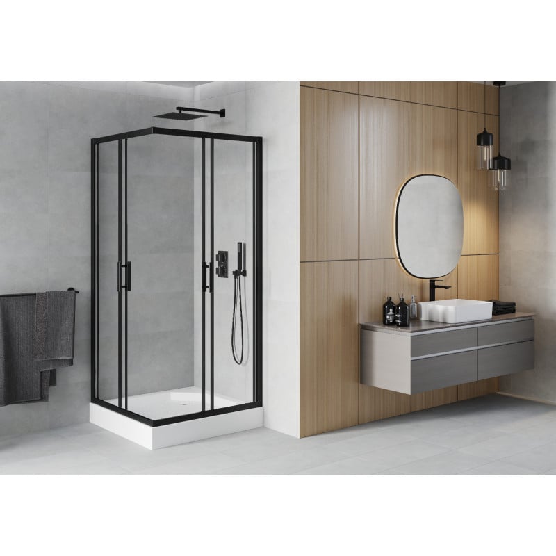 Mexen Rio square shower enclosure 90 x 90 cm, transparent, black + Rio shower tray, white - 860-090-090-70-00-4510