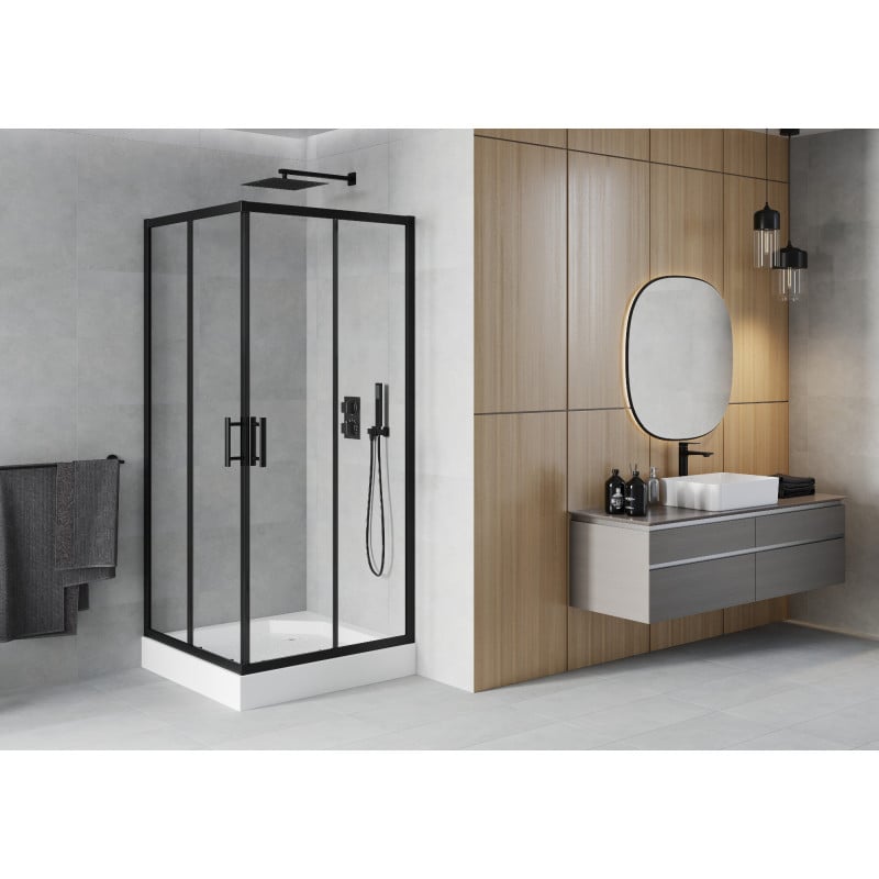 Mexen Rio square shower enclosure 90 x 90 cm, transparent, black + Rio shower tray, white - 860-090-090-70-00-4510