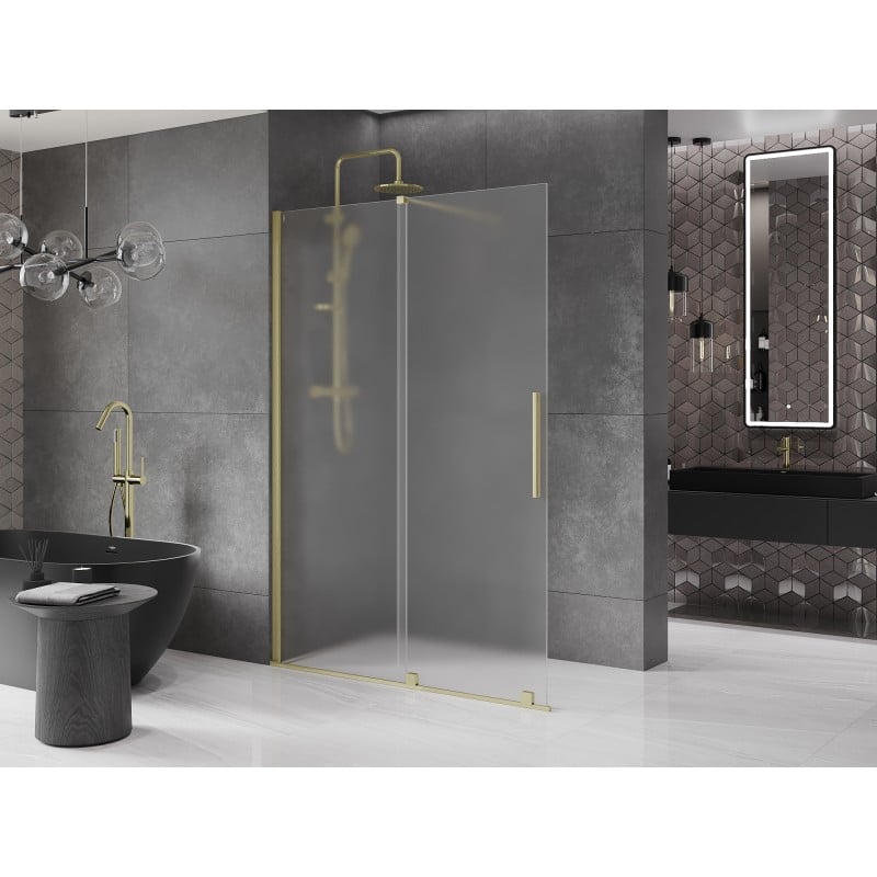 Mexen Velar sliding shower wall Walk-in 140 x 200 cm, frost 8 mm, brushed gold - 871-140-000-33-55