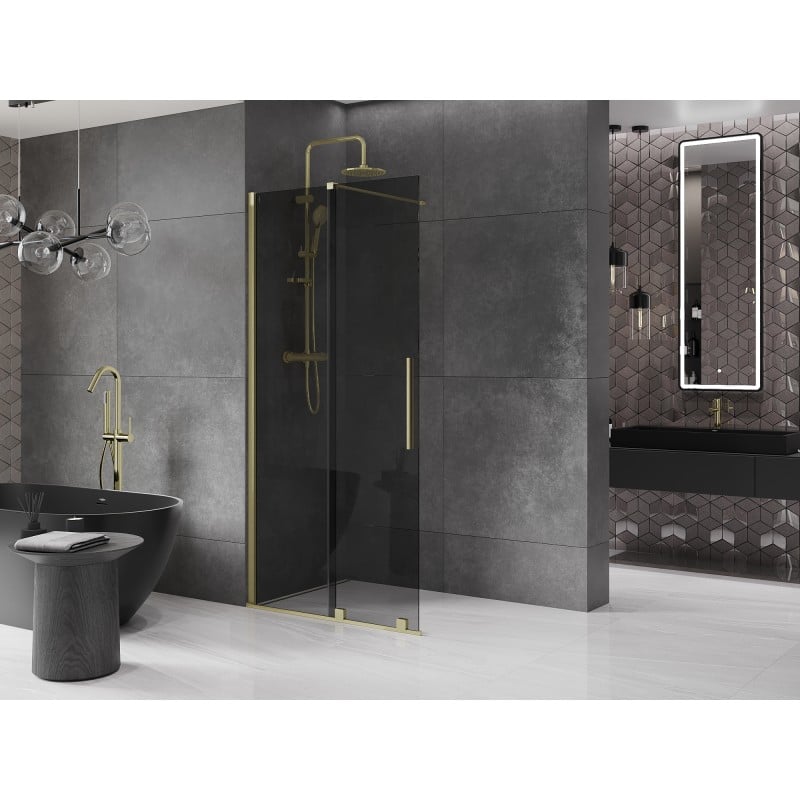 Mexen Velar sliding Walk-in shower wall 90 x 200 cm, graphite 8 mm, brushed gold - 871-090-000-43-55