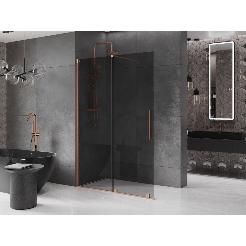 Mexen Velar sliding shower wall Walk-in 130 x 200 cm, graphite 8 mm, brushed copper - 871-130-000-43-65