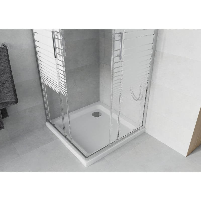 Mexen Rio square shower cabin 70 x 70 cm, white stripes, chrome + Flat shower tray, white - 860-070-070-01-20-4010