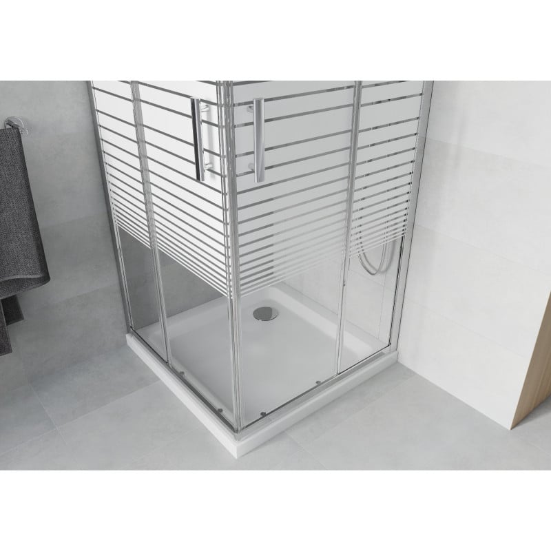 Mexen Rio square shower cabin 70 x 70 cm, white stripes, chrome + Flat shower tray, white - 860-070-070-01-20-4010