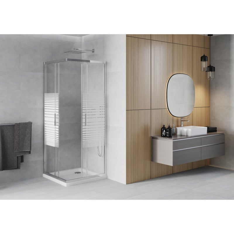 Mexen Rio square shower cabin 70 x 70 cm, white stripes, chrome + Flat shower tray, white - 860-070-070-01-20-4010