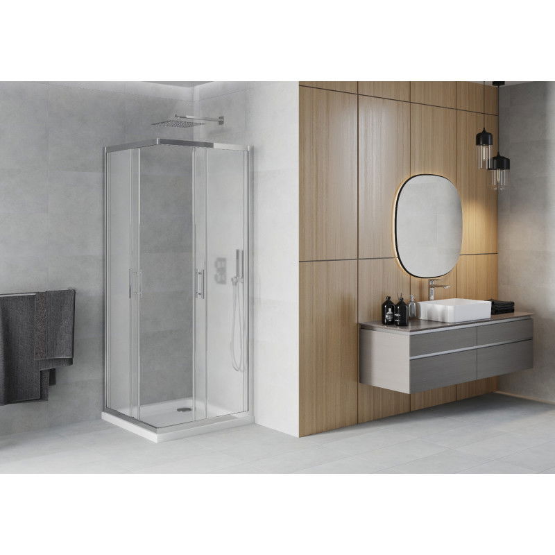 Mexen Rio Square Shower Enclosure 90 x 90 cm, Frosted, Chrome + Flat Tray, White - 860-090-090-01-30-4010