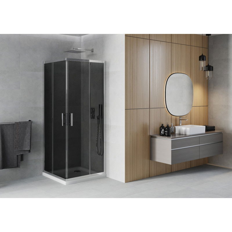 Mexen Rio Square Shower Enclosure 80 x 80 cm, Graphite, Chrome + Flat Shower Tray, White - 860-080-080-01-40-4010