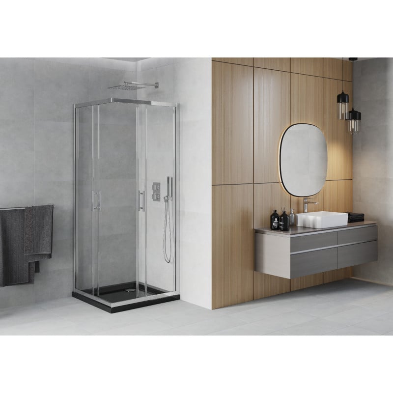 Mexen Rio square shower enclosure 80 x 80 cm, transparent, chrome + Flat tray, black - 860-080-080-01-00-4070