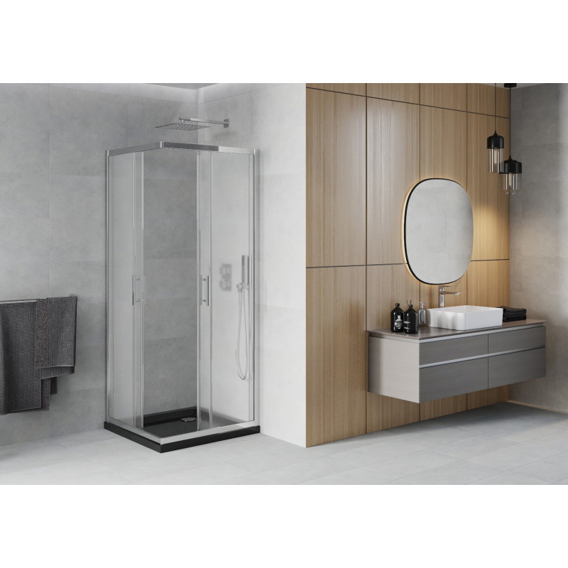 Mexen Rio 90 x 90 cm square shower cabin, frost, chrome + Flat black shower tray - 860-090-090-01-30-4070