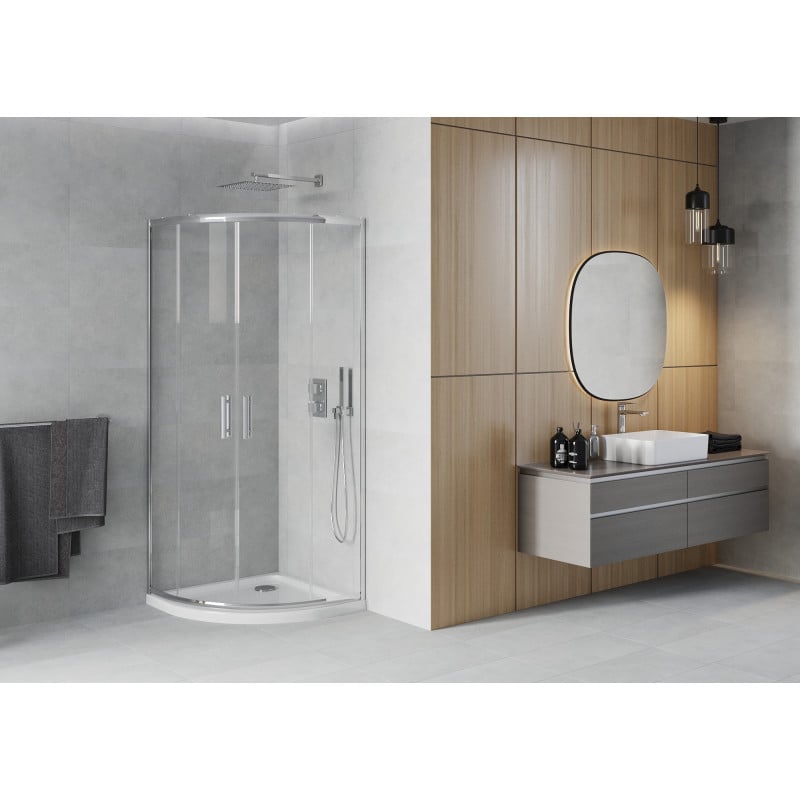 Mexen Rio semi-circular shower cabin 90 x 90 cm, transparent, chrome + Flat shower tray, white - 863-090-090-01-00-4110