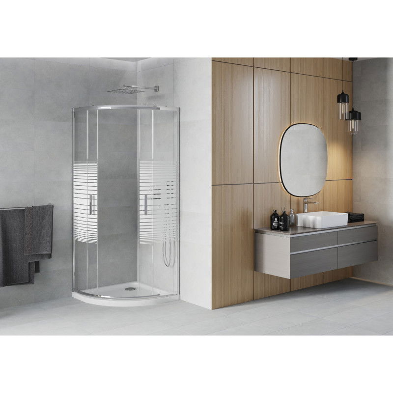 Mexen Rio semi-circular shower cabin 90 x 90 cm, white stripes, chrome + Flat tray, white - 863-090-090-01-20-4110