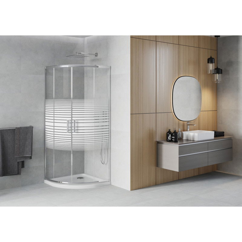 Mexen Rio semi-circular shower cabin 90 x 90 cm, white stripes, chrome + Flat tray, white - 863-090-090-01-20-4110