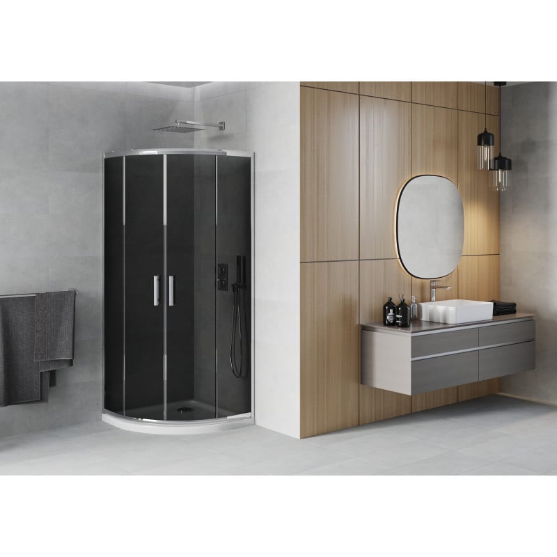 Mexen Rio semi-circular shower cabin 80 x 80 cm, graphite, chrome + Flat shower tray, white - 863-080-080-01-40-4110