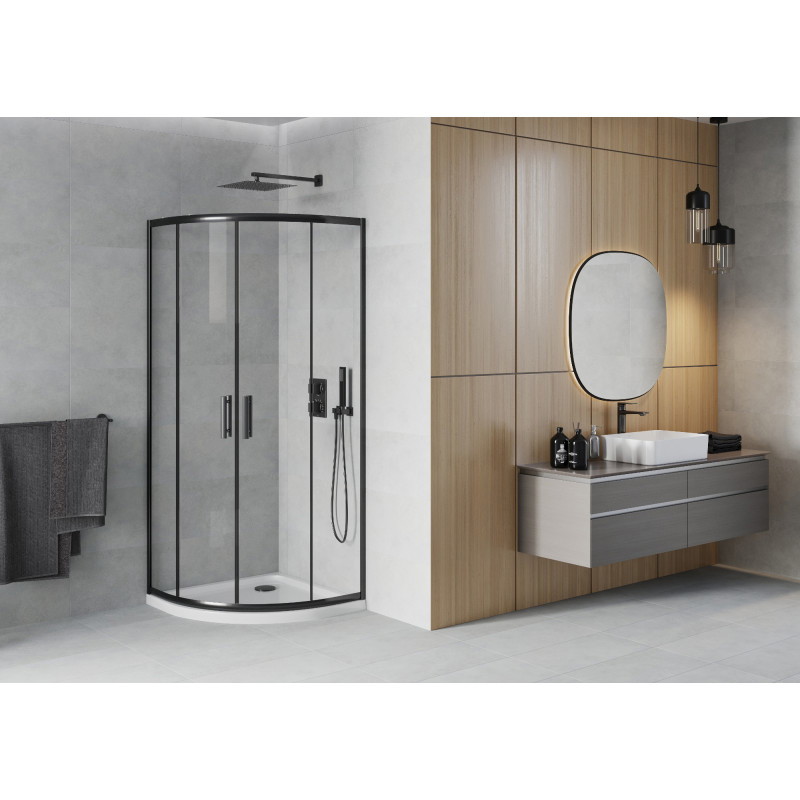 Mexen Rio semi-circular shower cabin 90 x 90 cm, transparent, black + Flat shower tray, white - 863-090-090-70-00-4110B