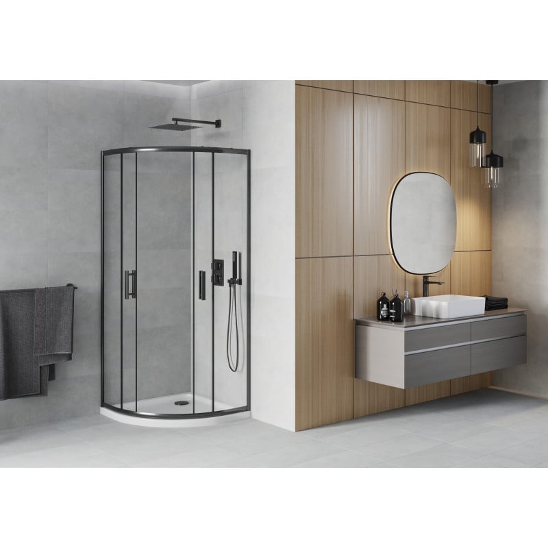 Mexen Rio semi-circular shower cabin 90 x 90 cm, transparent, black + Flat shower tray, white - 863-090-090-70-00-4110B