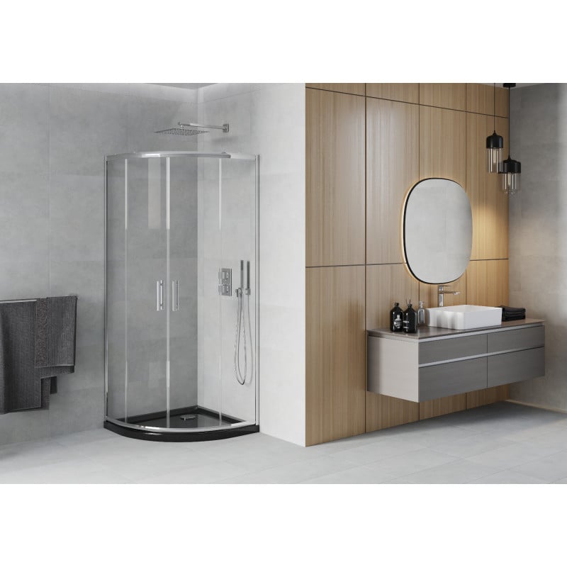 Mexen Rio semi-circular shower cabin 80 x 80 cm, transparent, chrome + Flat shower tray, black - 863-080-080-01-00-4170