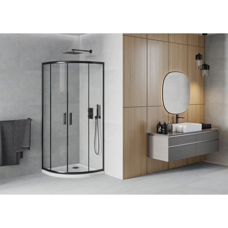 Mexen Rio semi-circular shower enclosure 80 x 80 cm, transparent, black + Flat shower tray, white - 863-080-080-70-00-4110B