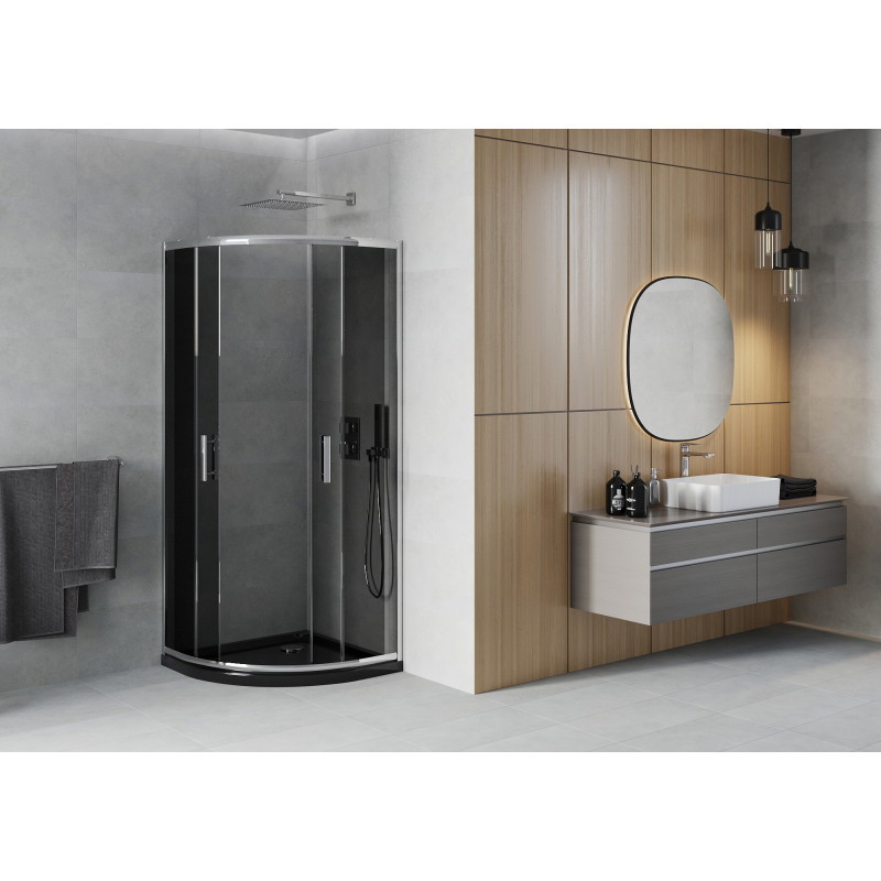 Mexen Rio 90 x 90 cm semicircular shower cabin, graphite, chrome + Flat tray, black - 863-090-090-01-40-4170