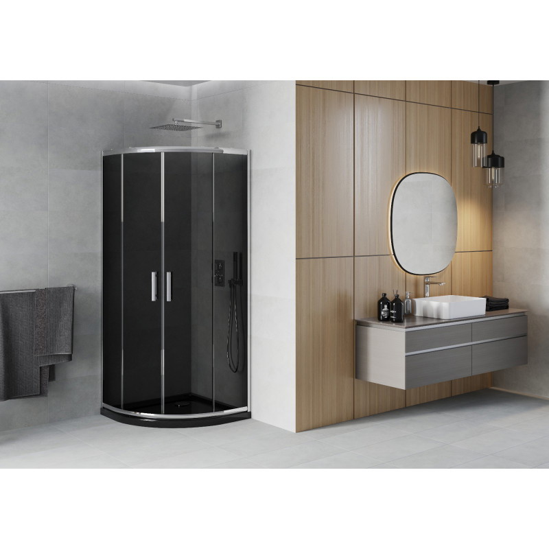 Mexen Rio 90 x 90 cm semicircular shower cabin, graphite, chrome + Flat tray, black - 863-090-090-01-40-4170