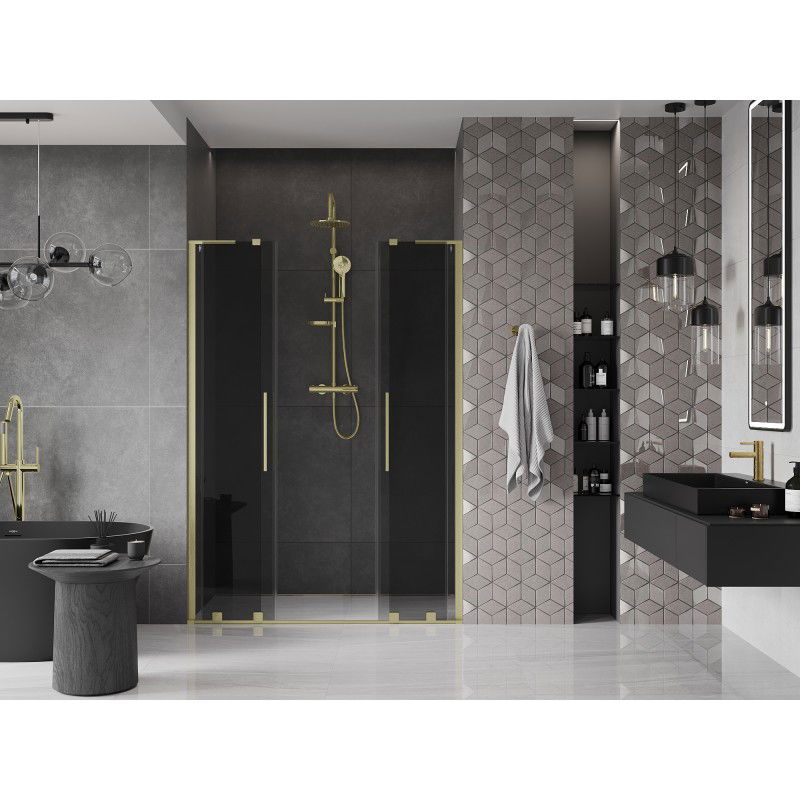 Mexen Velar L Duo 140 cm Sliding Shower Doors, Graphite, Brushed Gold - 871-140-003-42-55