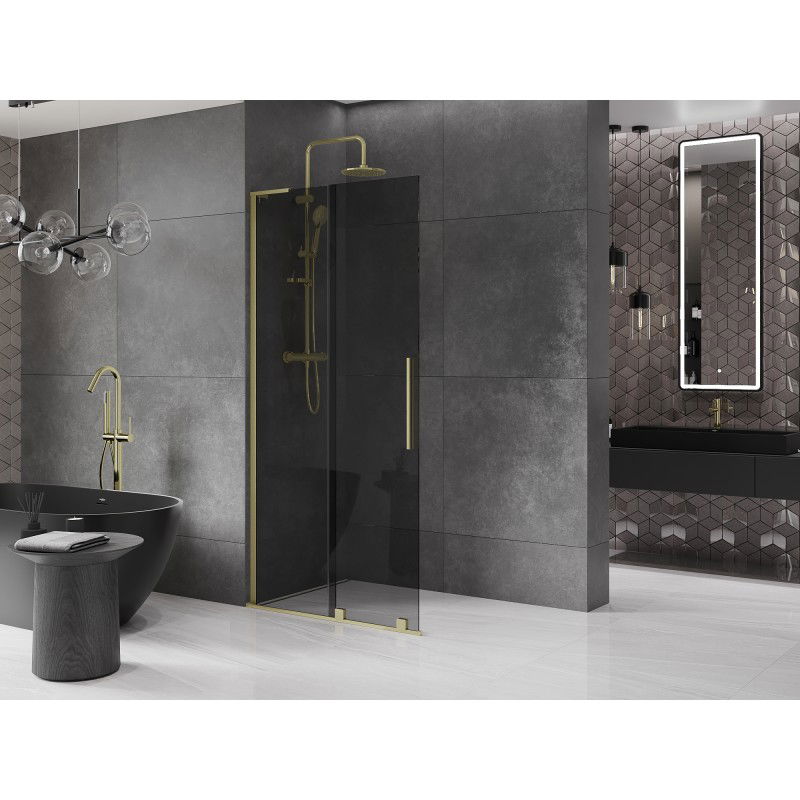 Mexen Velar L Sliding Shower Wall Walk-in 90 x 200 cm, Graphite 8 mm, Brushed Gold - 871-090-003-43-55