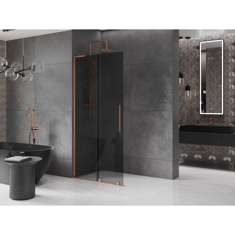 Mexen Velar L sliding shower wall Walk-in 90 x 200 cm, graphite 8 mm, brushed copper - 871-090-003-43-65